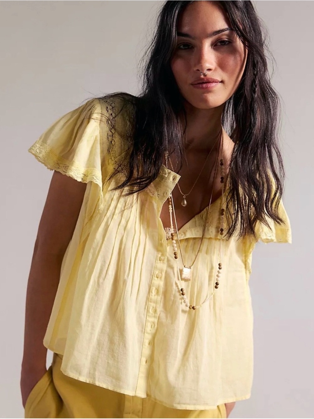 Free People Pale Yellow Flutter-Sleeve Button Front Blouse